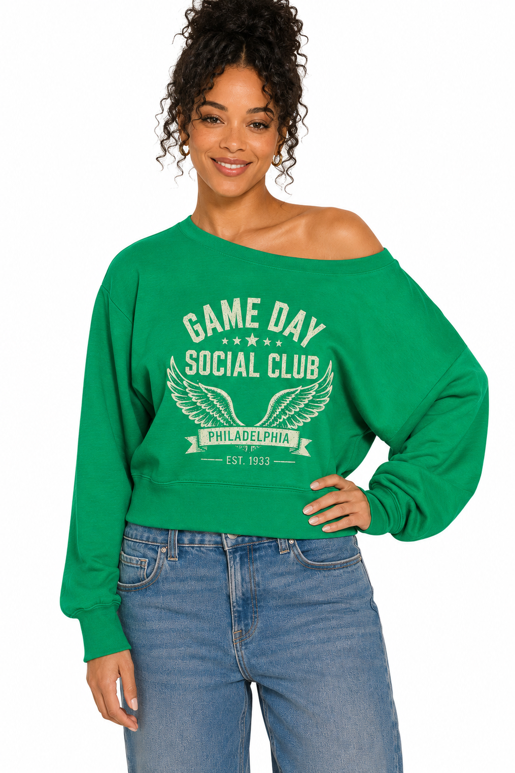Game Day Social Club™ Cropped Off-the-Shoulder Sweatshirt