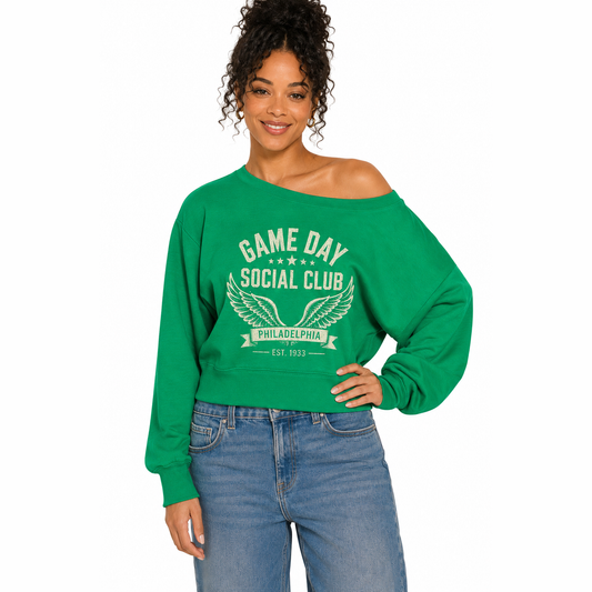 Game Day Social Club™ Cropped Off-the-Shoulder Sweatshirt